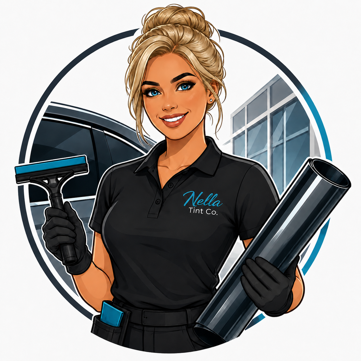 Cartoon illustration of the Nella Tint Co. window tinting professional holding a tint squeegee and film roll